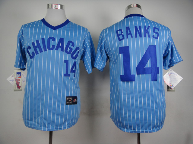 Men Chicago Cubs 14 Banks Blue Stripe Throwback MLB Jerseys